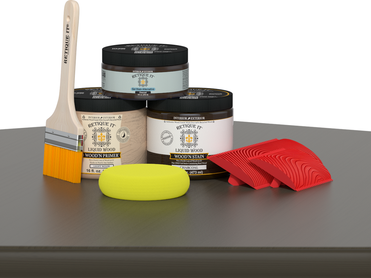 Retique It® Fireplace Wood'n Finish Kit in charcoal stain, full fireplace wood finish with stain and application tools.