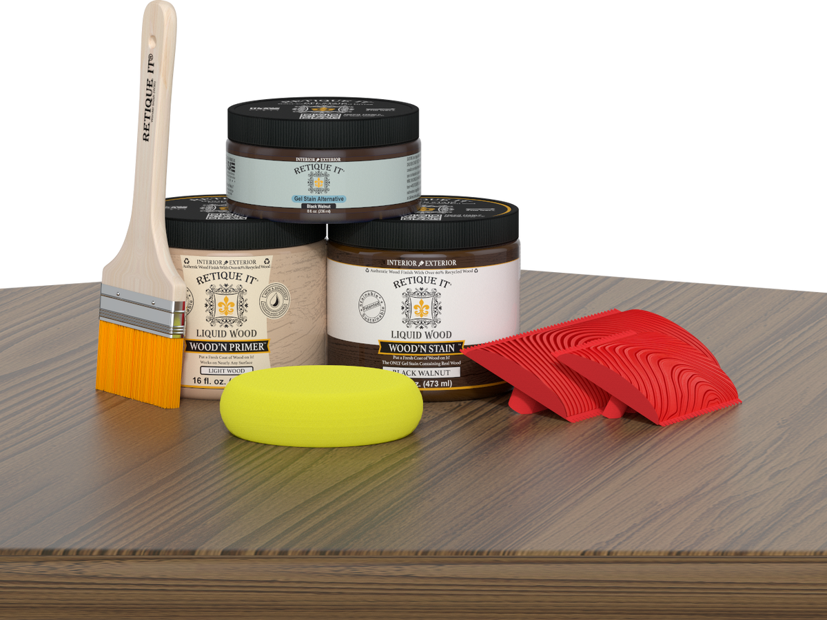 Retique It® Fireplace Wood'n Finish Kit in Black Walnut stain for full fireplace, featuring wood stain and finishing tools.