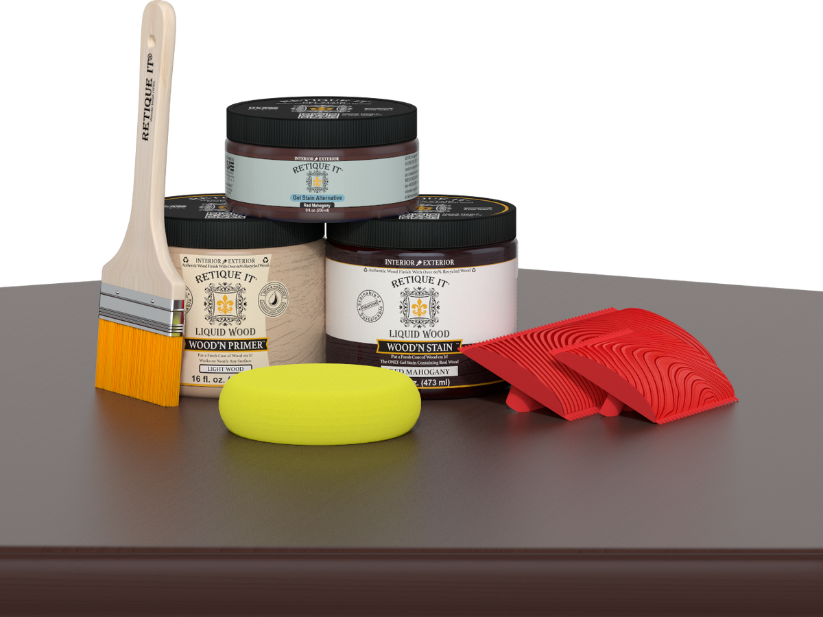 Retique It® Fireplace Wood'n Finish Kit in Red Mahogany stain for full fireplace wood finishing, shown on a table.