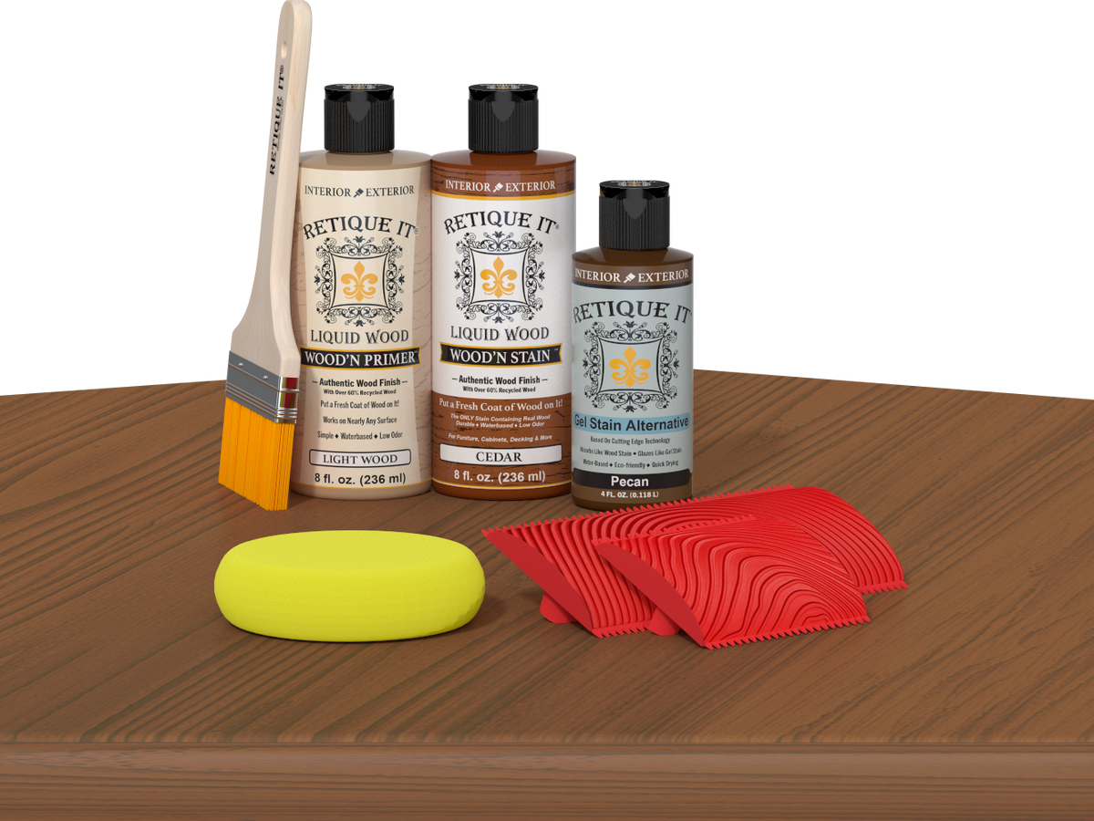 Retique It® Cedar wood stain kit for fireplace mantels, featuring wood finish application on a table surface.
