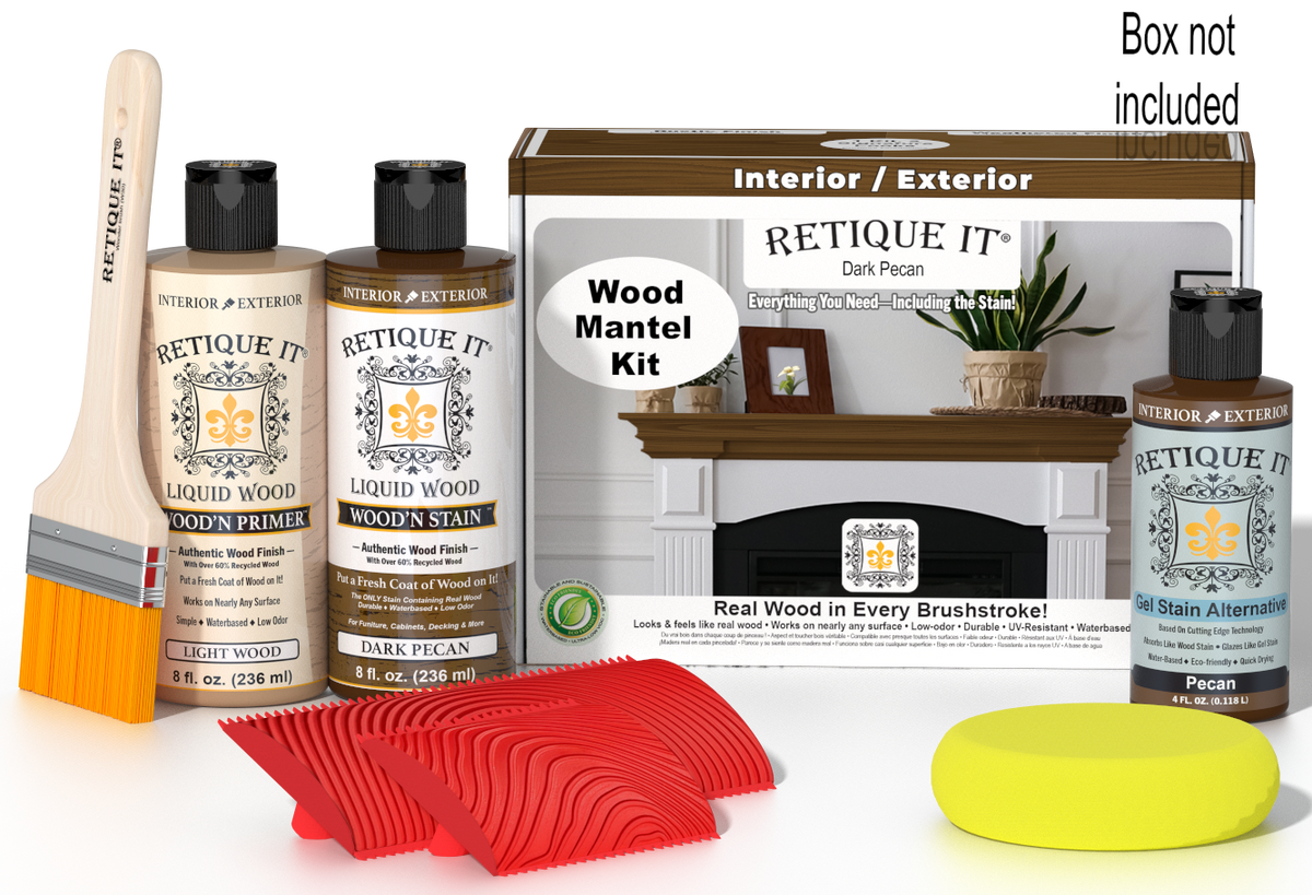 Retique It® Fireplace Mantel Wood'n Finish Kit in Dark Pecan stain, shown with stain bottle and applicator on a wooden mantel.