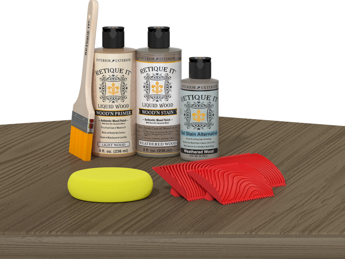 Retique It® Weathered Wood Fireplace Mantel Wood'n Finish Kit stain on a surface, showing the weathered wood texture and color.