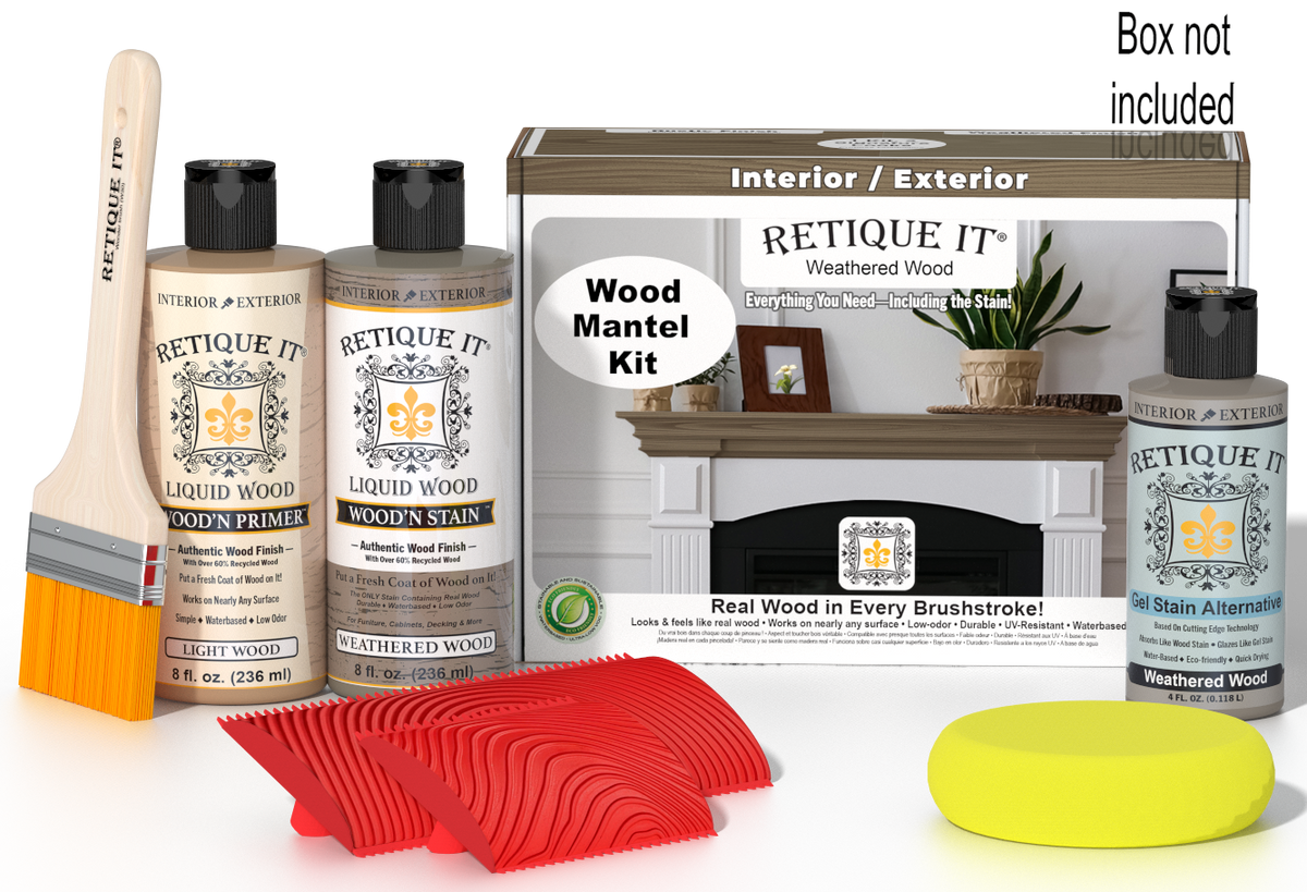 Retique It® Weathered Wood Fireplace Mantel Wood'n Finish Kit stain applied to a wooden mantel with a weathered finish.