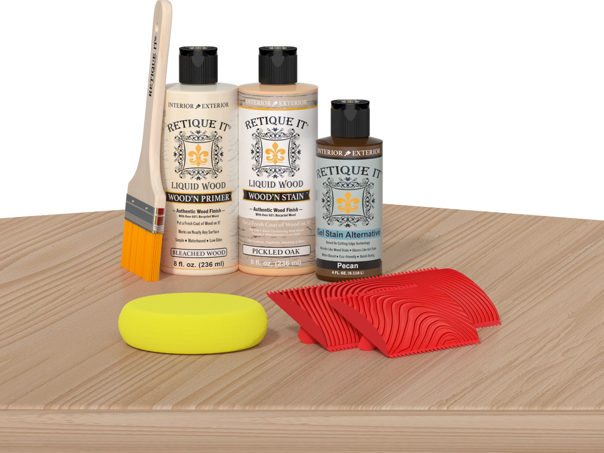 Retique It® Fireplace Mantel Wood'n Finish Kit in White Oak stain, showcasing the wood finish applied to a fireplace mantel.