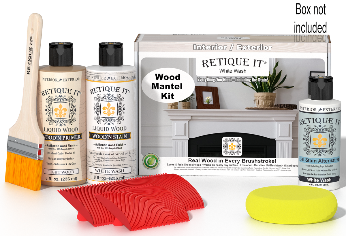 Retique It® Wood'n Finish Kit in White Wash stain for fireplace mantels, shown in a box with application tools.