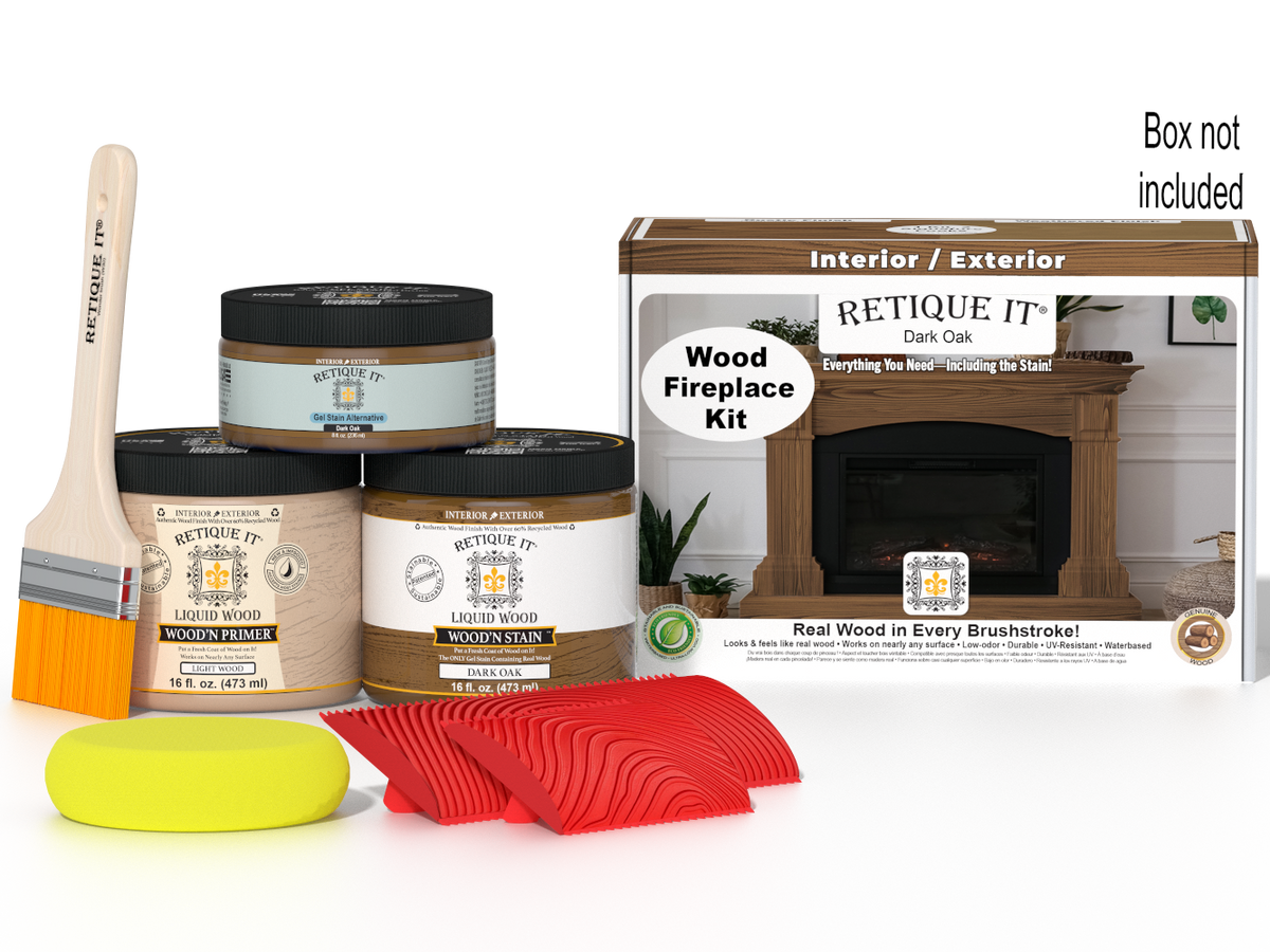 Retique It® Fireplace Wood'n Finish Kit in Dark Oak stain showing a full fireplace with stain application and wood finish details.