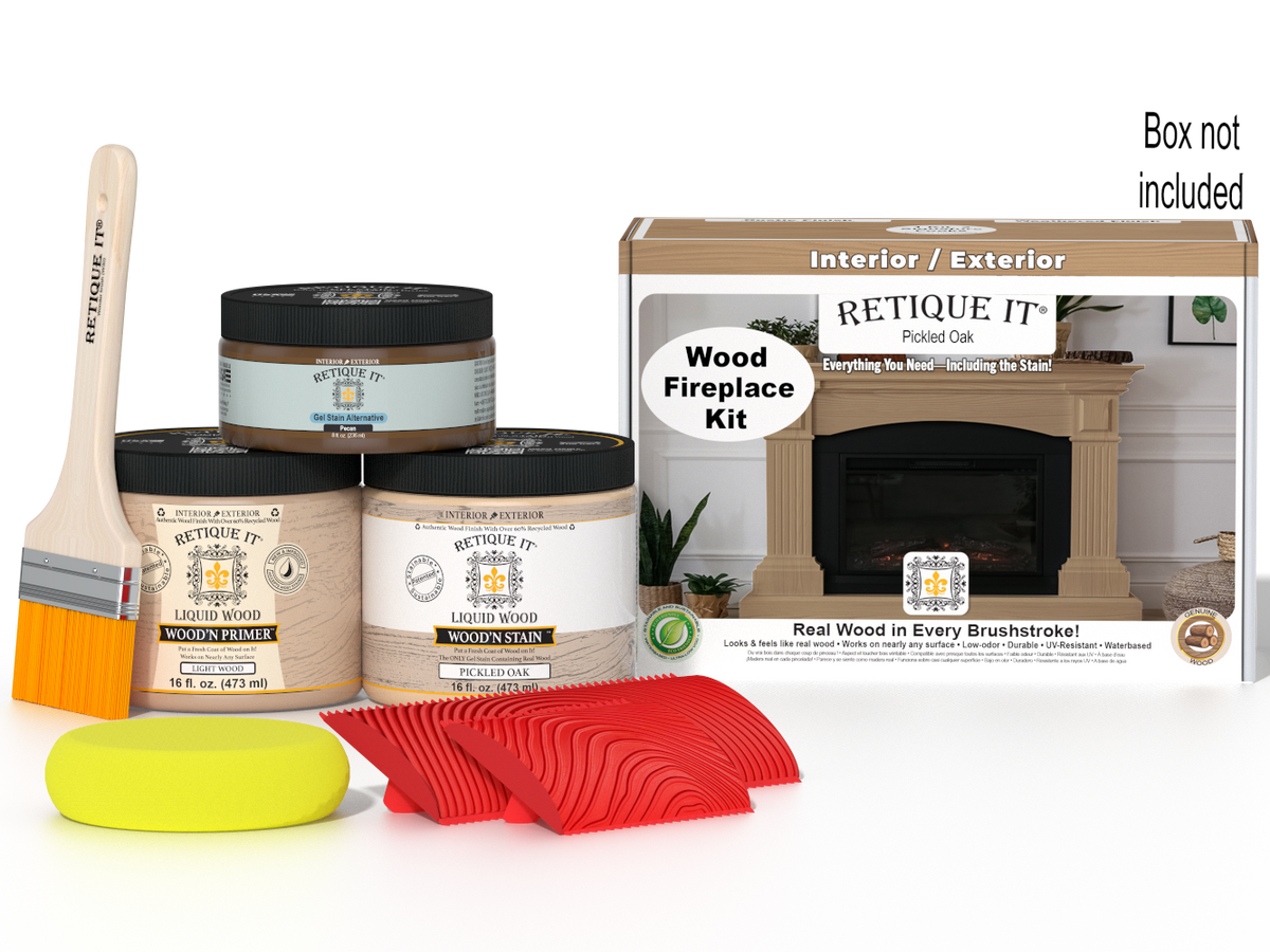 Retique It® Fireplace Wood'n Finish Kit in Pickled Oak stain, showing wood stain bottles and full fireplace sample.