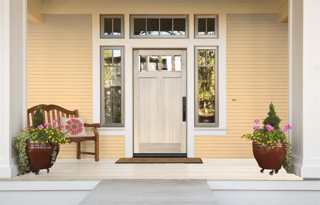 Retique It® Multi-purpose Smooth Finish Kit in White Wash on a front door, showcasing wood finish and application details.