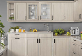 Retique It® Multi-purpose Smooth Finish Kit in White Wash for wood and furniture, shown on kitchen cabinets in this image.