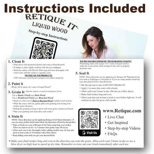 Retique It® wood finish kit with smooth white wash application and instructions for multi-purpose furniture and decor projects.
