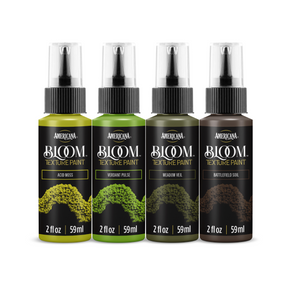 DecoArt Moss and Ruin Bloom Texture Paint 4-pack with textured, mossy and aged floral finish on canvas or craft surface.