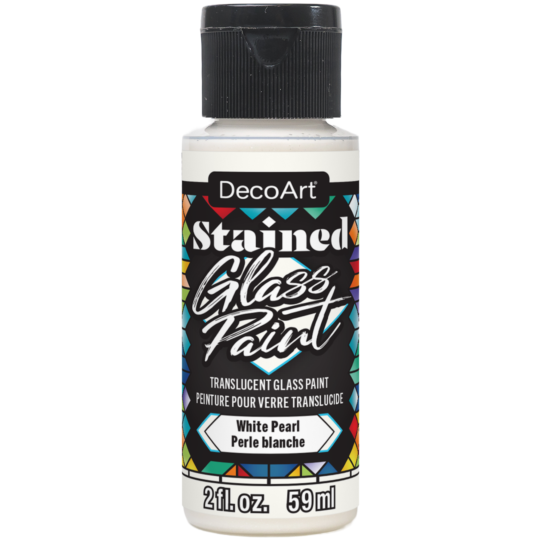 DecoArt stained glass paints in vibrant colors, shown in small bottles with labels, ideal for glass art projects.