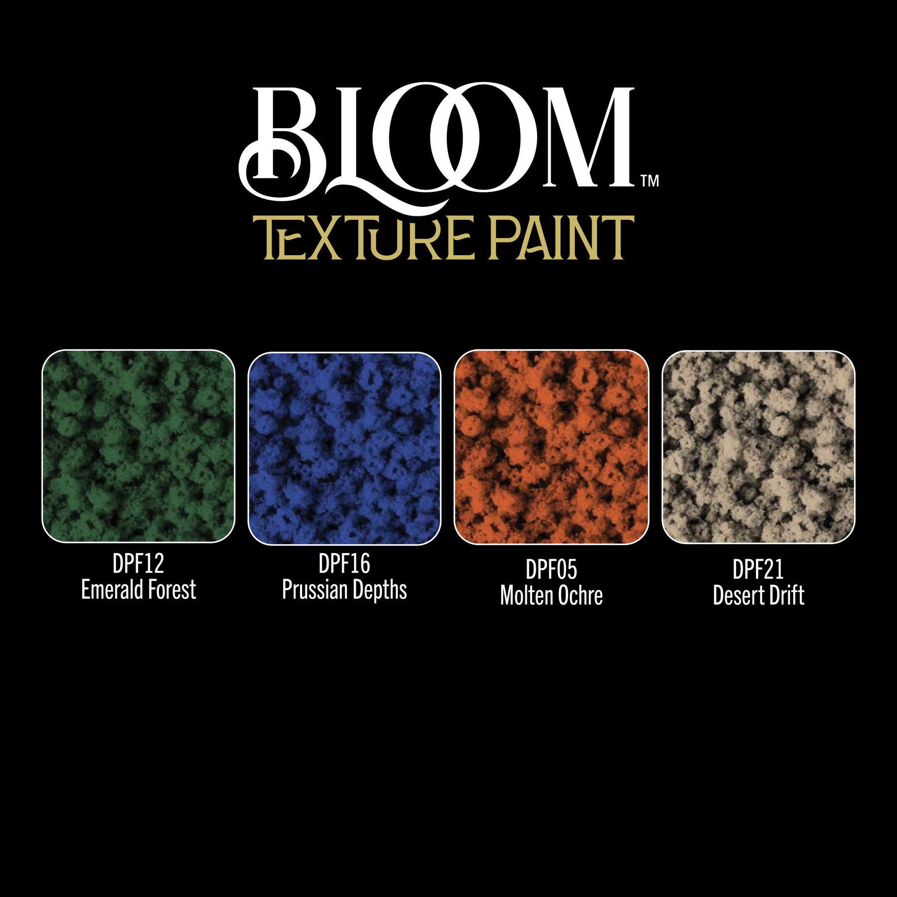 DecoArt Deep Realm Bloom Texture Paint 4-pack showing four containers with vibrant, textured paint in various shades.