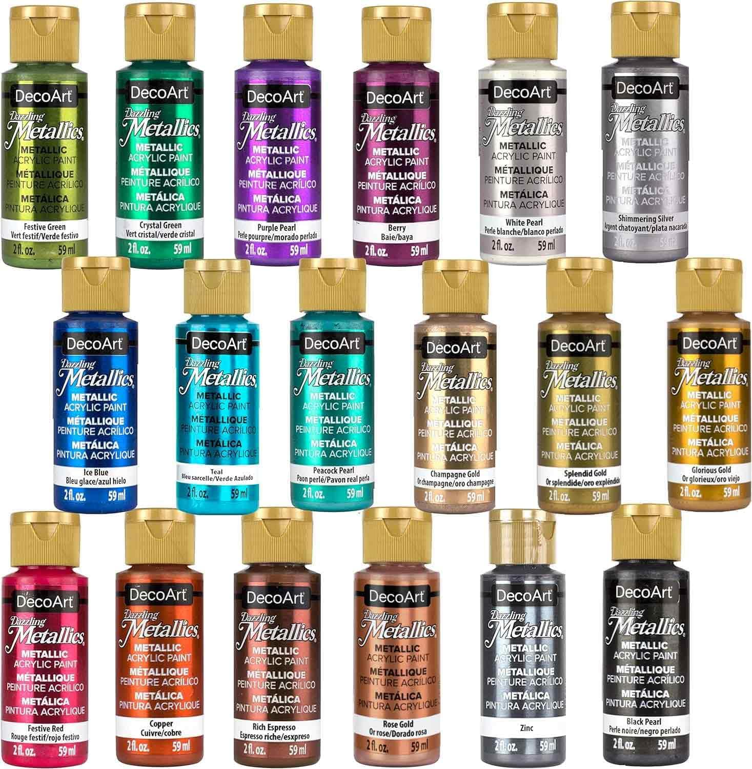 DecoArt Dazzling Metallics Fan Favorite Paint Set with 18 vibrant metallic paint bottles for arts and crafts projects.