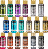 DecoArt Dazzling Metallics Fan Favorite Paint Set with 18 vibrant metallic paint bottles for arts and crafts projects.