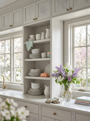 Kitchen interior with shelves displaying dishes, a vase of flowers on the counter, and large windows.