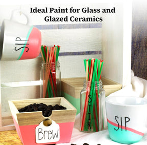 DecoArt glass paint set with nine opaque 2 fl oz bottles of acrylic paint for glass and ceramic surfaces.