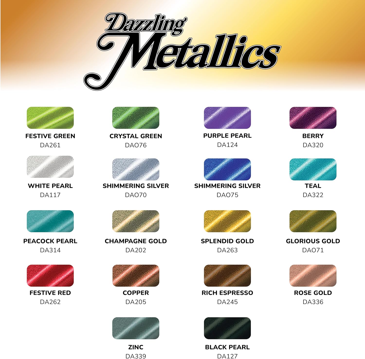 DecoArt Dazzling Metallics Fan Favorite Paint Set with 18 vibrant metallic acrylic paints on a white background