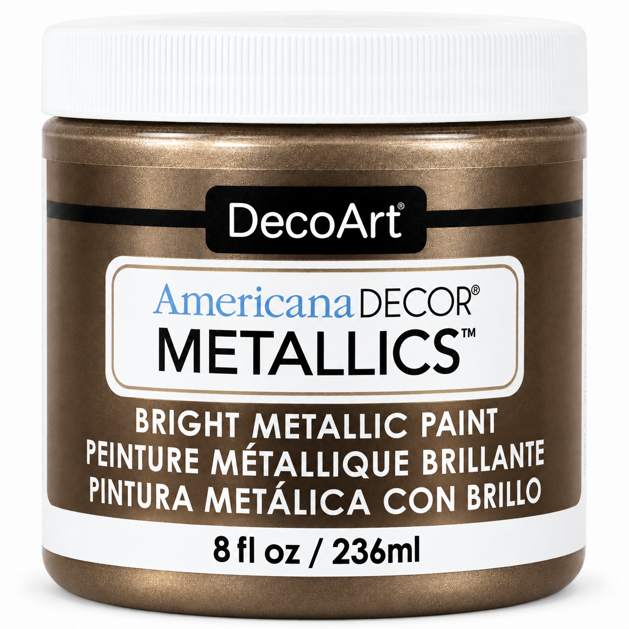 DecoArt Americana Decor Metallics Antique Bronze paint bottle label and finish swatch