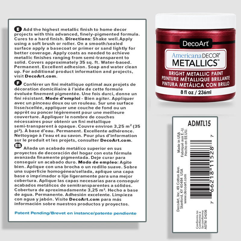 DecoArt Americana Decor Metallics Garnet paint information sheet with product details and rich red metallic finish