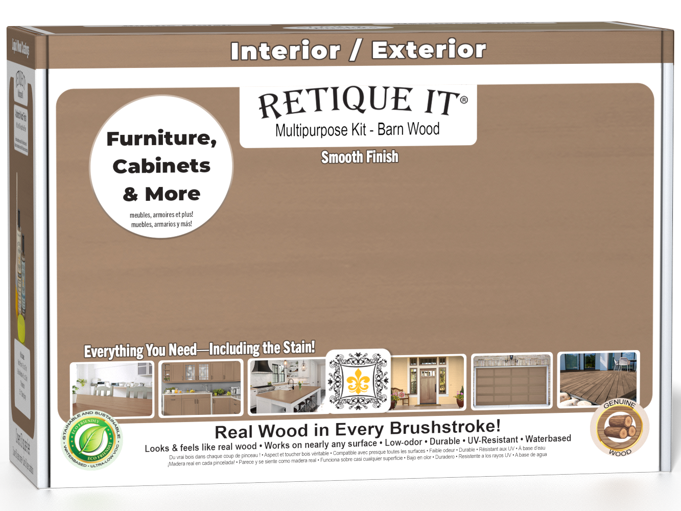 Retique It® Wood'n Finish Kit in Barn Wood for exterior top coat, smooth matte finish, includes application box and tools