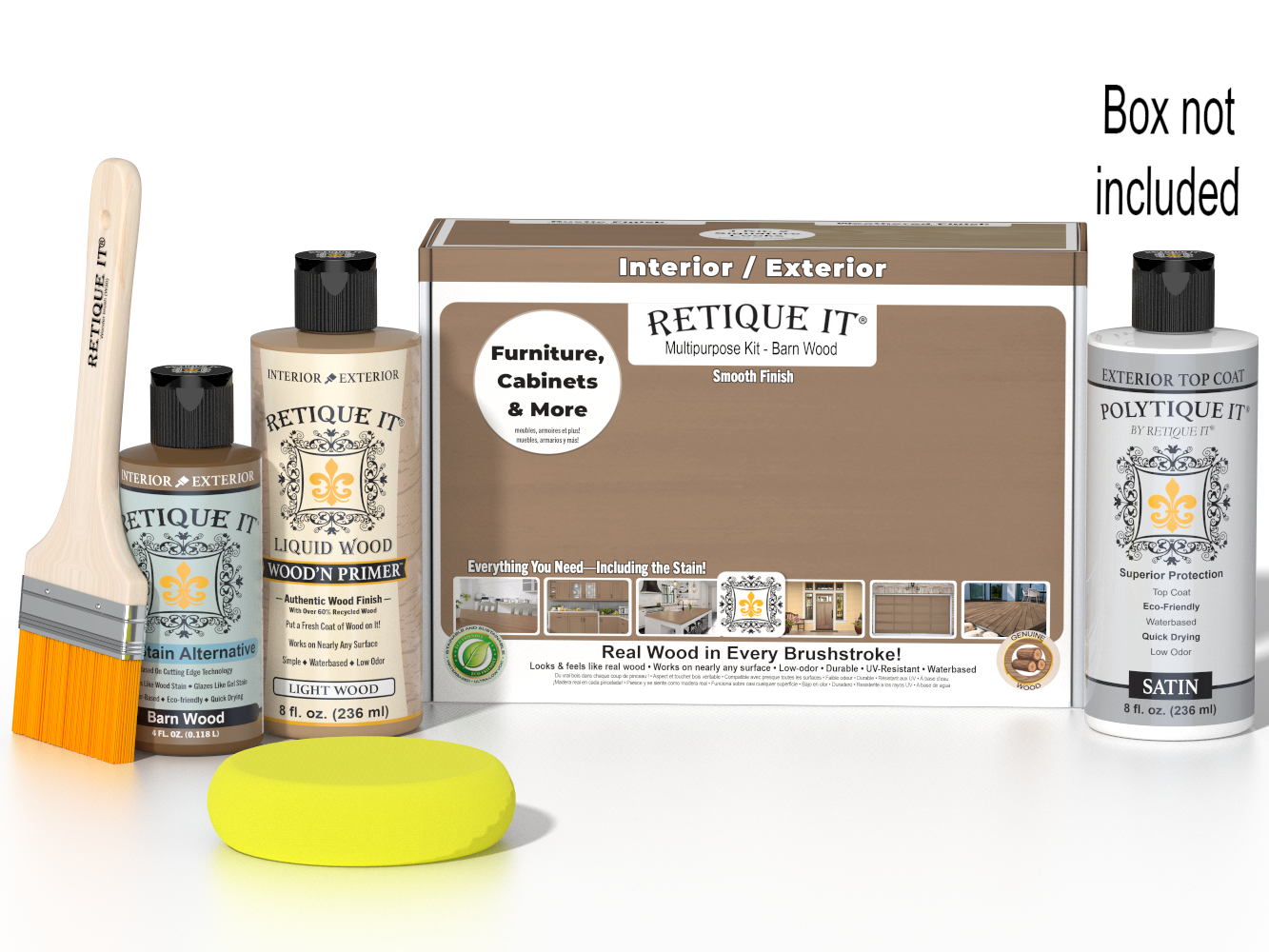 Retique It® Multi-purpose Smooth Finish Kit in Barn Wood with exterior top coat and applicator tools on a white background.