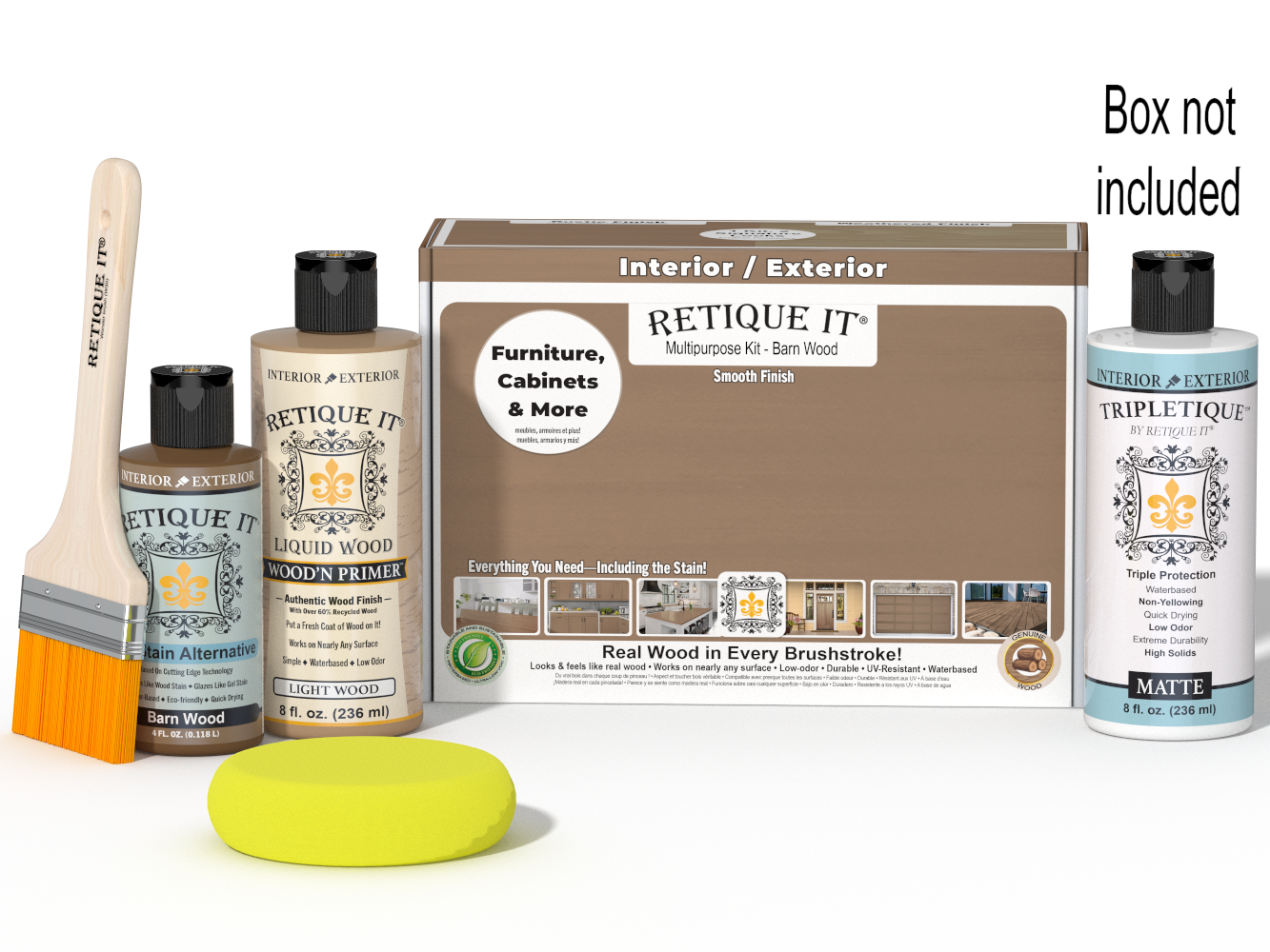 Retique It® Multi-purpose Smooth Finish Kit in barn wood for interior wood projects, includes top coat and application tools.