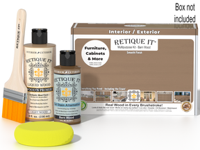 Retique It® Multi-purpose Smooth Finish Kit in Barn Wood for wood refinishing and decorative projects, includes brushes and finishing tools.