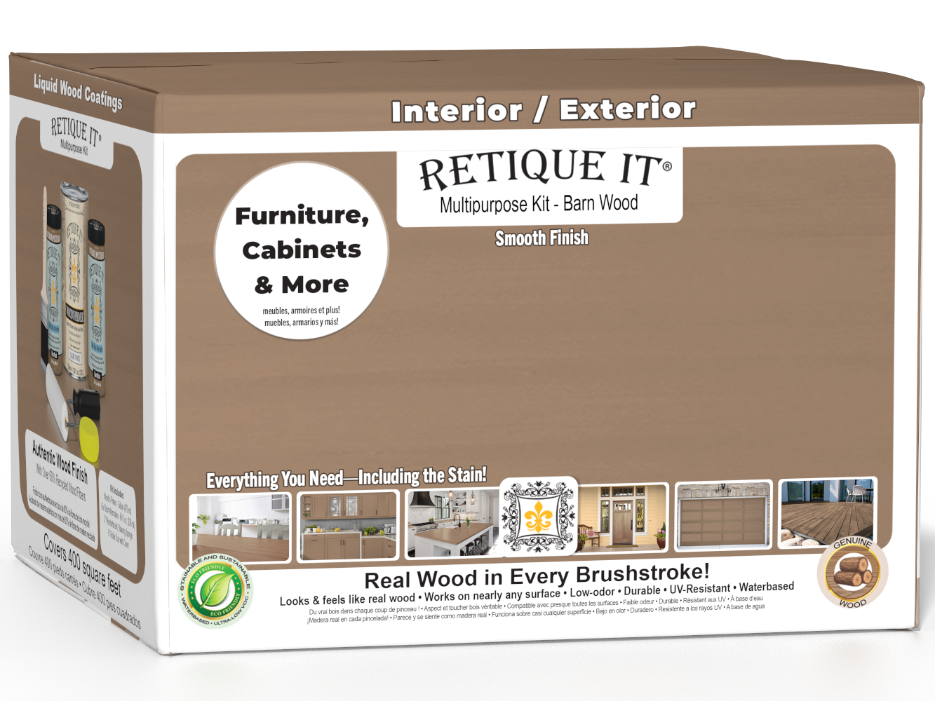 Retique It Multi-purpose Smooth Finish Kit in barn wood color, exterior top coat wood finishing kit with four large containers.