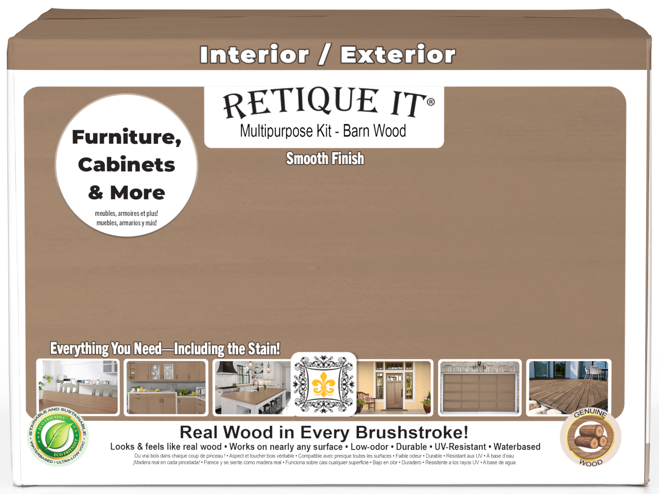 Retique It® Multi-purpose Smooth Finish Kit in Barn Wood, 4-piece large set, featuring wood stain and finish tools in a box.