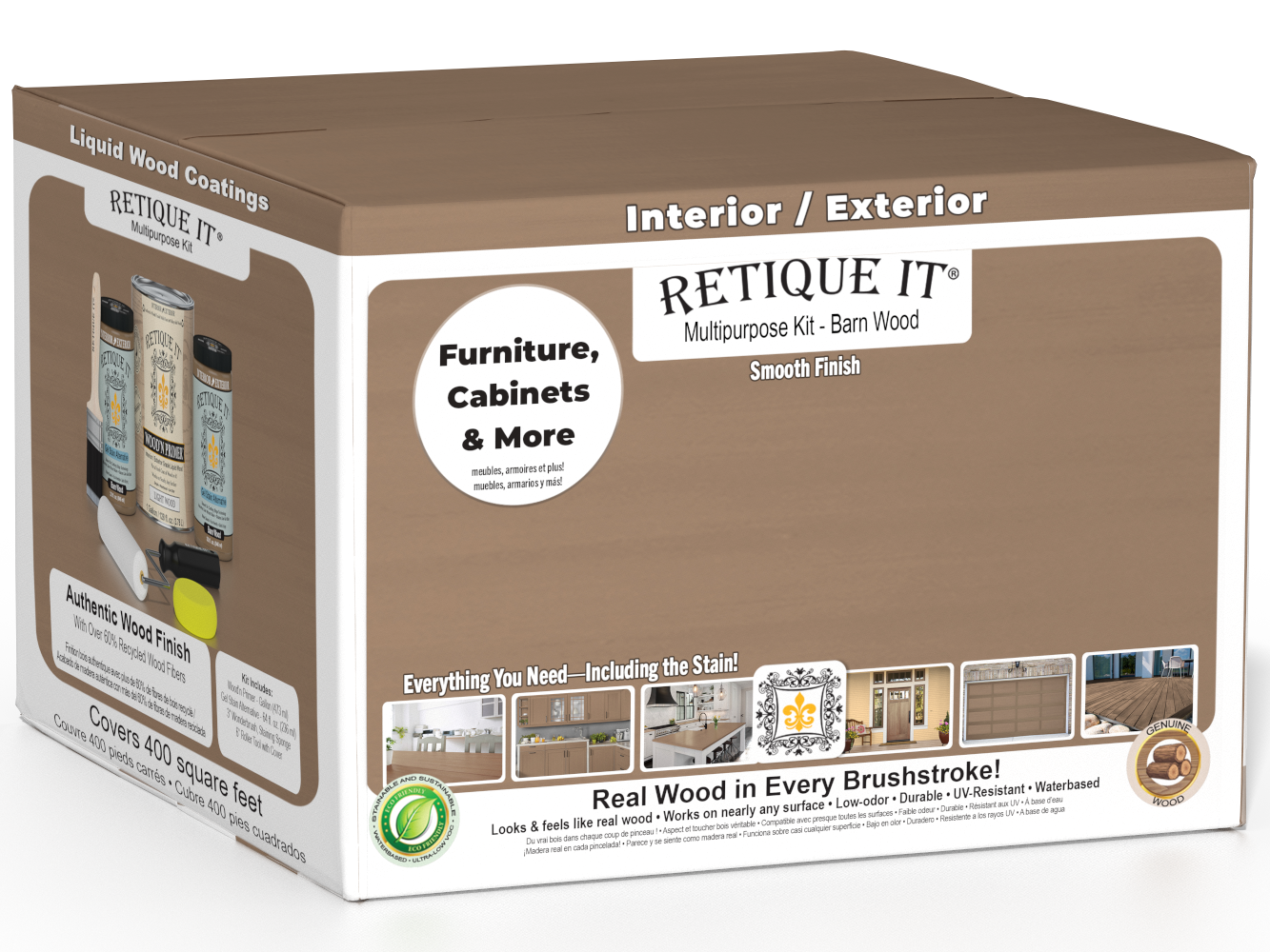 Retique It Multi-purpose Smooth Finish Kit for exterior barn wood, includes four large wood finish top coats in barn wood color.