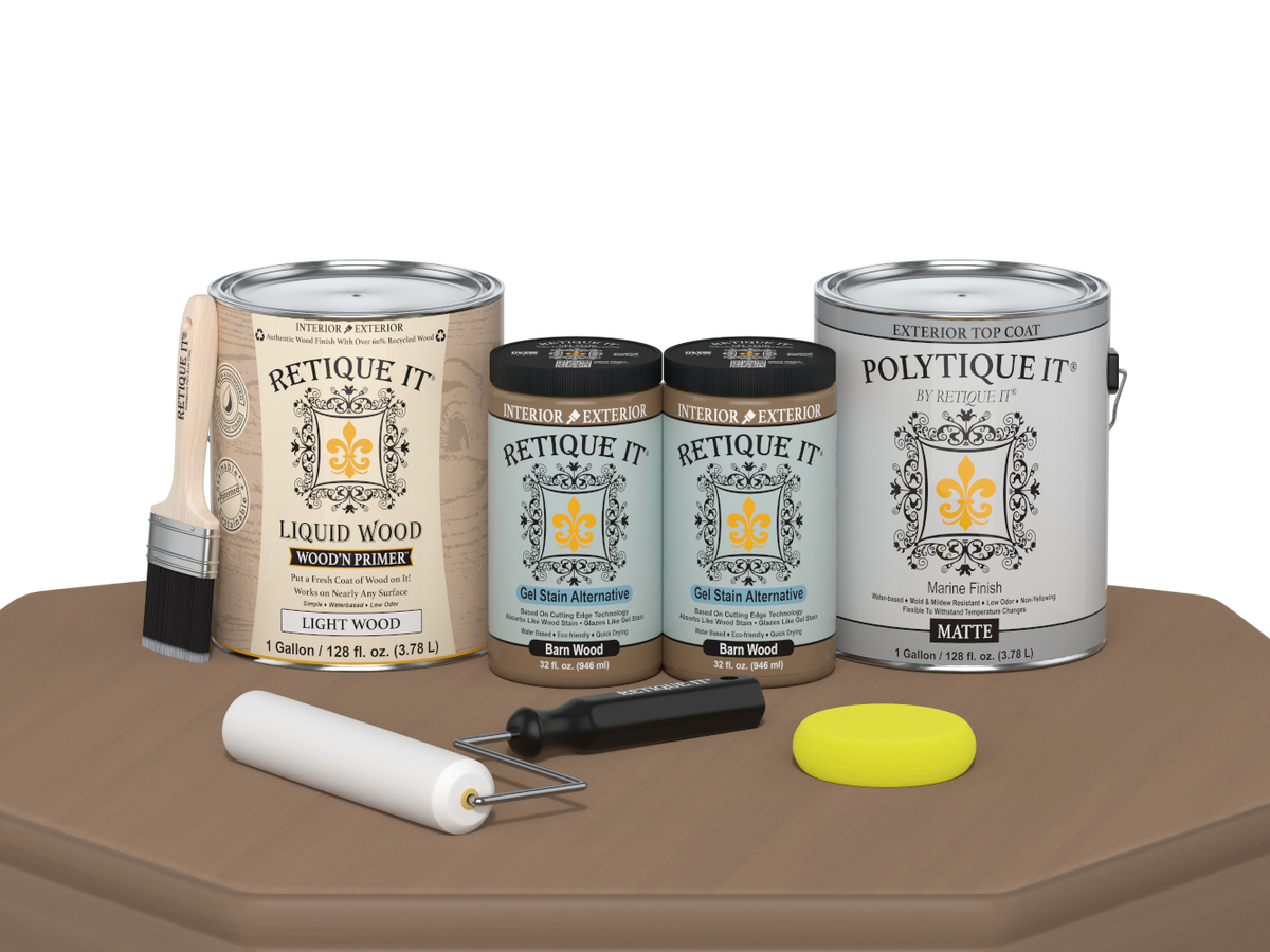 Retique It® Barn Wood Multi-purpose Smooth Finish Kit with four large exterior top coat bottles in matte finish for wood projects.