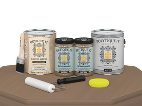 Retique It Barn Wood Multi-purpose Smooth Finish Kit with four large exterior top coat bottles in matte finish for wood projects.