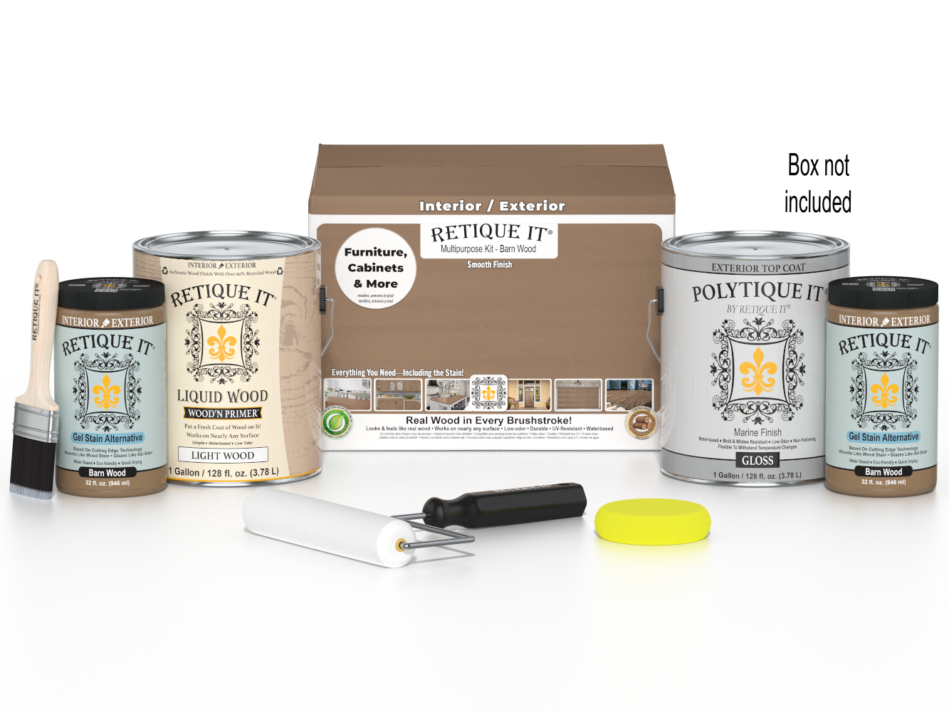 Retique It Multi-purpose Smooth Finish Kit for Barn Wood exterior top coat, includes four large wood finish bottles with applicator box.