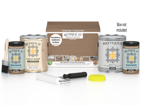 Retique It Multi-purpose Smooth Finish Kit for Barn Wood exterior top coat, includes four large wood finish bottles with applicator box.