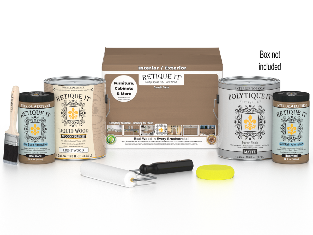 Retique It® Wood'n Finish Kit with 4 large barn wood exterior top coats for smooth, durable wood finish application.