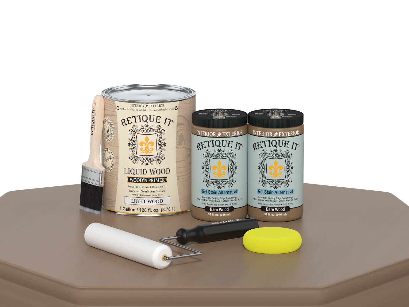 Retique It® Multi-purpose Smooth Finish Kit in Barn Wood with four large wood finish samples on a table.