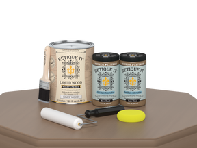 Retique It® Multi-purpose Smooth Finish Kit in Barn Wood with four large wood finish samples on a table.