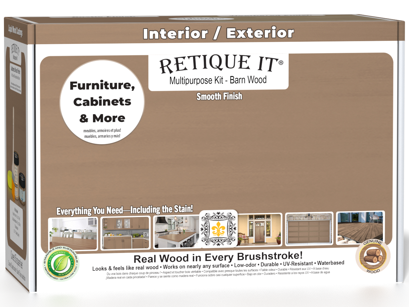 Retique It Multi-purpose Smooth Finish Kit in Barn Wood for exterior use, matte top coat, includes wood finish and application tools.