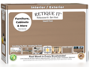 Retique It Multi-purpose Smooth Finish Kit in Barn Wood for exterior use, matte top coat, includes wood finish and application tools.