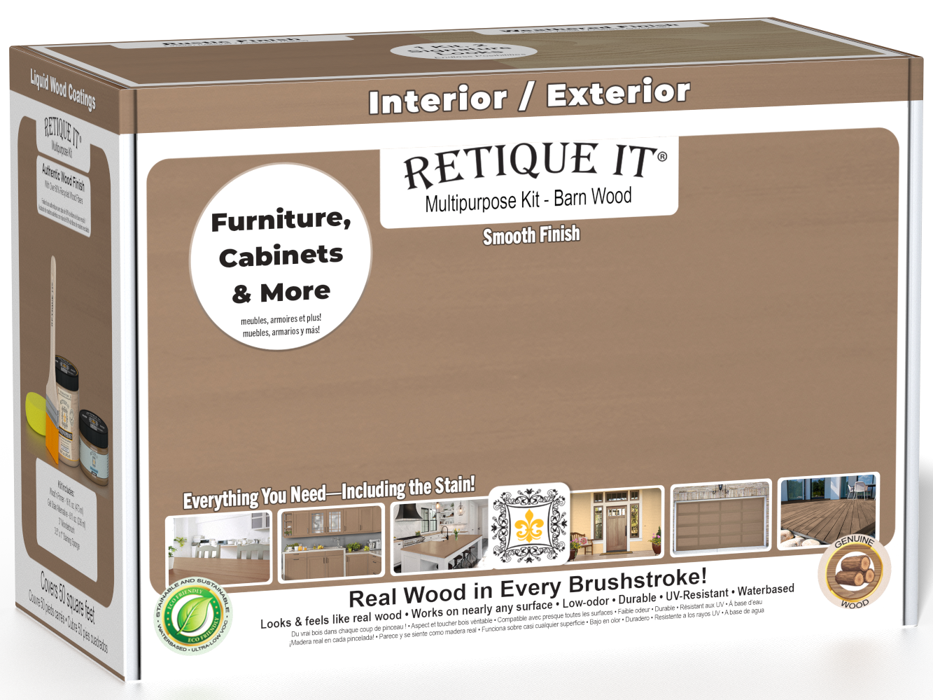 Retique It® Multi-purpose Smooth Finish Kit in Barn Wood for wood finishing and furniture restoration, includes application tools.
