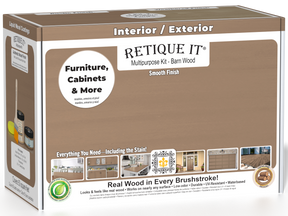 Retique It Multi-purpose Smooth Finish Kit in Barn Wood for exterior wood projects, includes top coat and matte finish components.