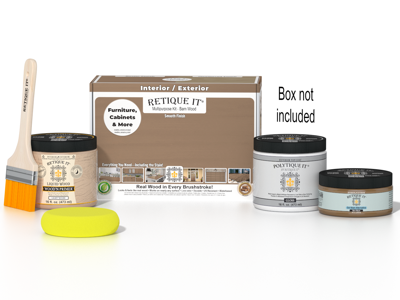 Retique It Multi-purpose Smooth Finish Kit in Barn Wood for exterior wood projects, includes top coat and applicator tools.