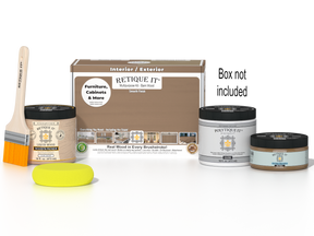 Retique It Multi-purpose Smooth Finish Kit in Barn Wood for exterior wood projects, includes top coat and applicator tools.
