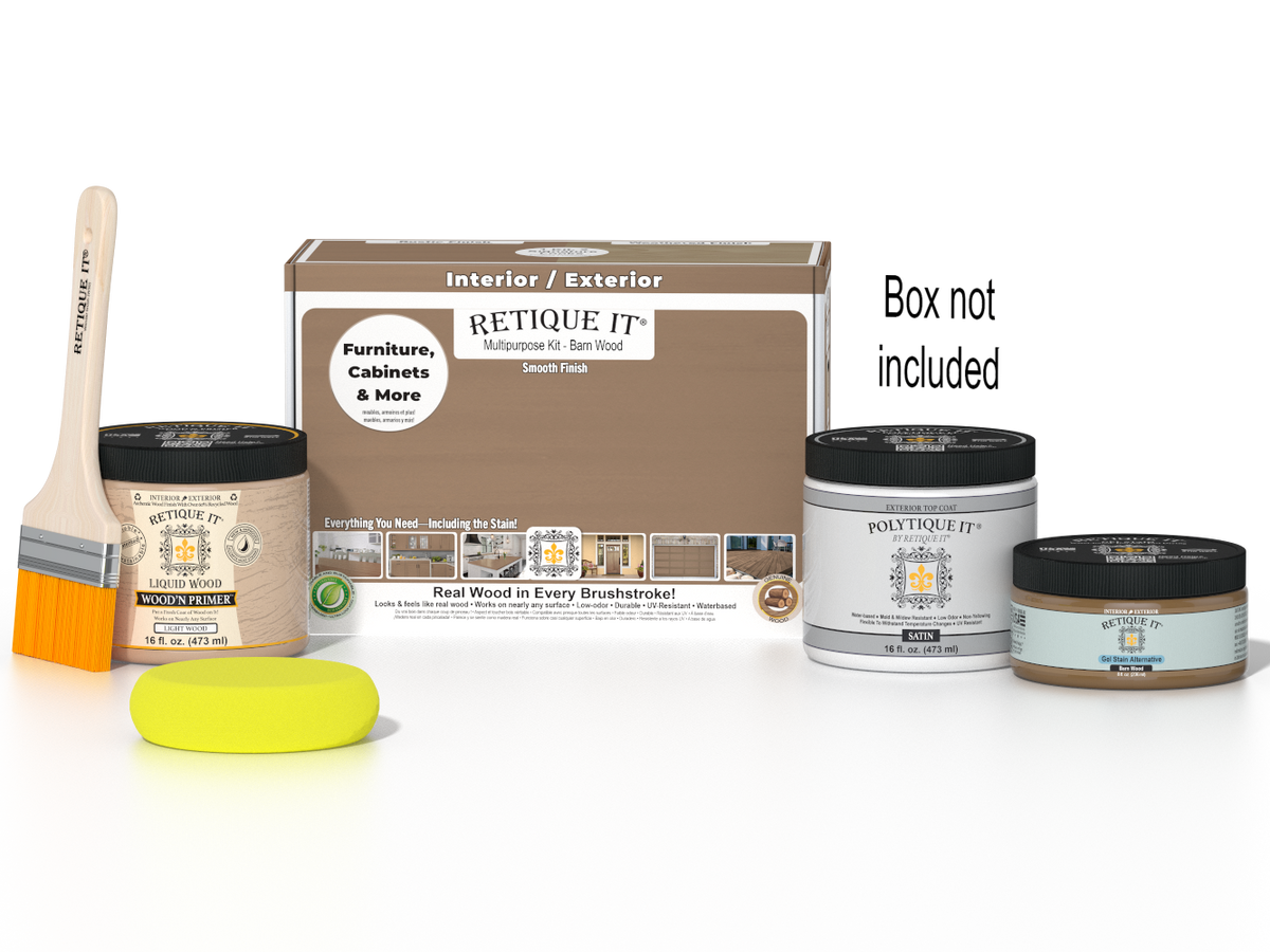 Retique It Wood'n Finish Kit in Barn Wood with smooth finish, including top coat and application tools for exterior wood projects.