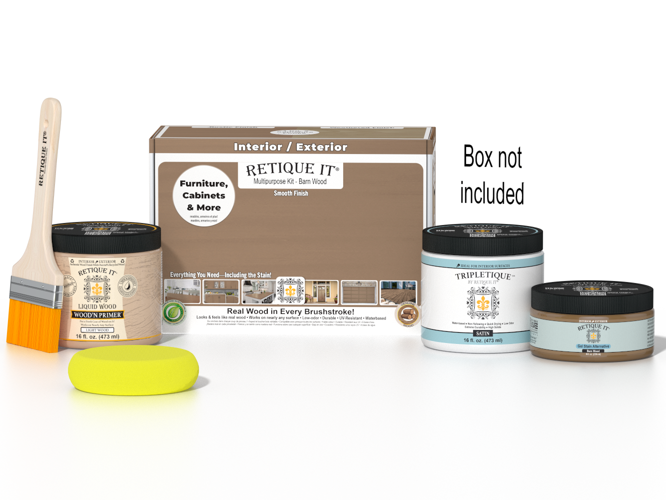Retique It® Multi-purpose Smooth Finish Kit in Barn Wood for interior wood projects, includes top coat and application tools.