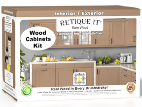 Retique It® Wood'n Cabinet Kit with 12 smooth barn wood stained cabinet doors, shown in a 3D box view for stylish kitchen storage.