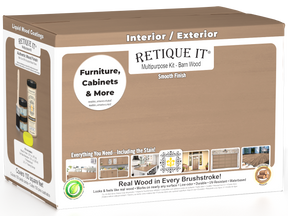 Large Barn Wood Multi-purpose Smooth Finish Kit by Retique It® for exterior wood top coating, includes finishing tools.