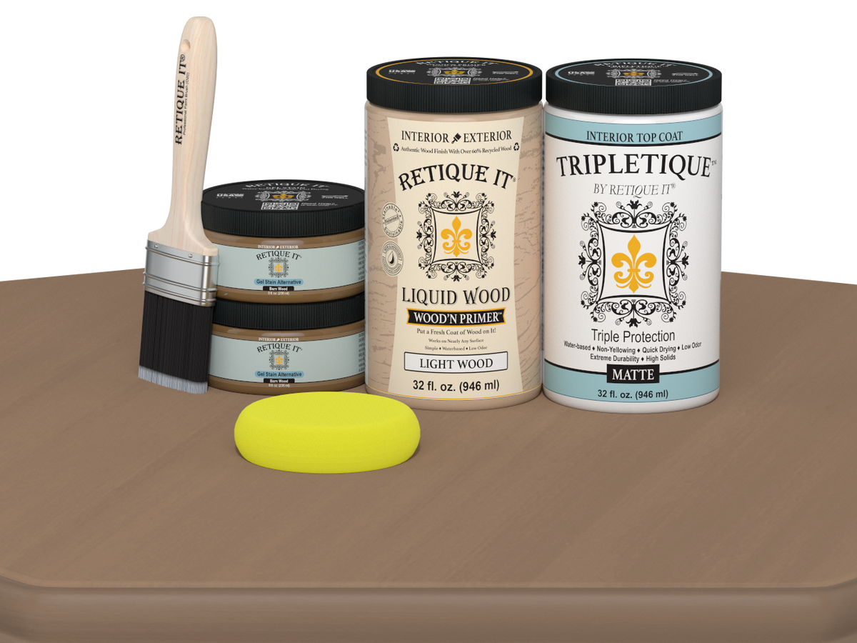 Retique It® Multi-purpose Smooth Finish Kit in Barn Wood for interior top coat, featuring a matte wood finish on a table.