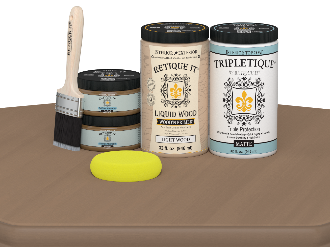 Retique It® Multi-purpose Smooth Finish Kit in Barn Wood for interior top coat, featuring a matte wood finish on a table.